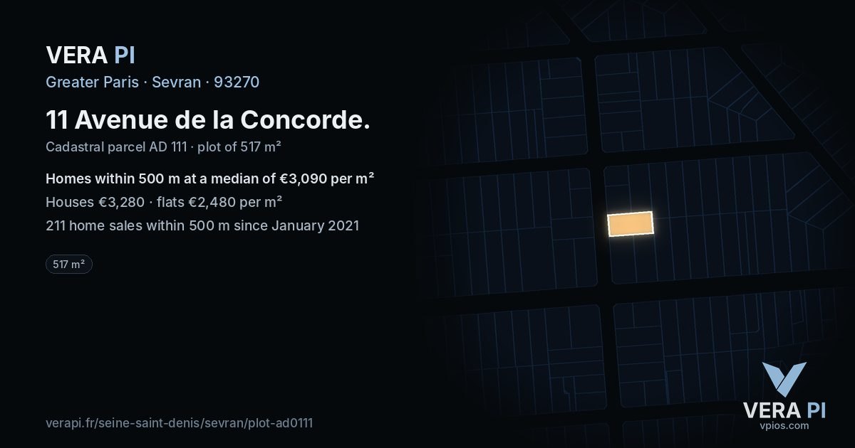 11 Avenue de la Concorde, Sevran at night – the plot lit, the parcels around coloured by the prices near them