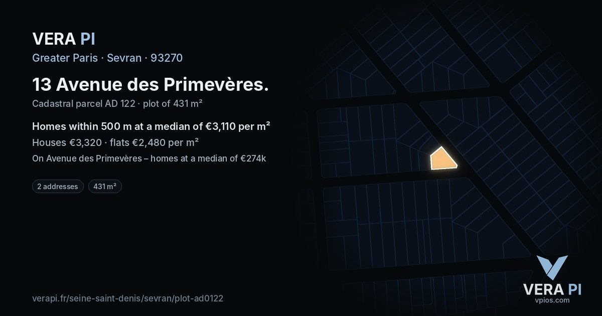 13 Avenue des Primevères, Sevran at night – the plot lit, the parcels around coloured by the prices near them