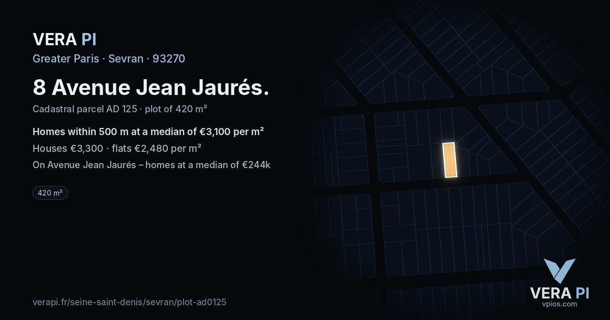 8 Avenue Jean Jaurés, Sevran at night – the plot lit, the parcels around coloured by the prices near them