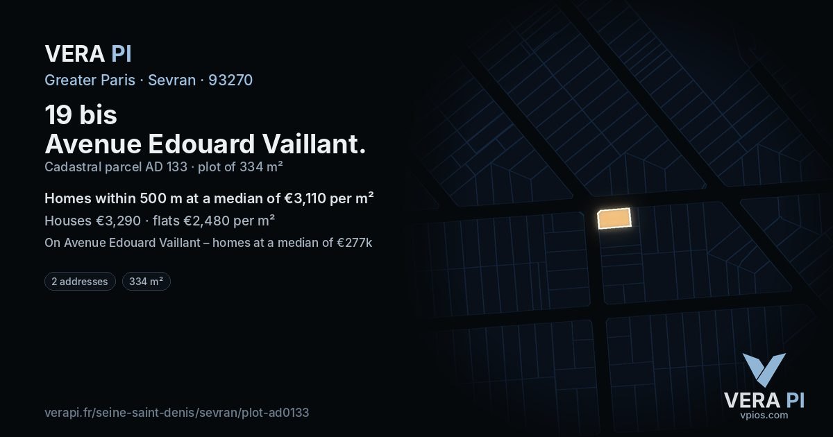 19 bis Avenue Edouard Vaillant, Sevran at night – the plot lit, the parcels around coloured by the prices near them