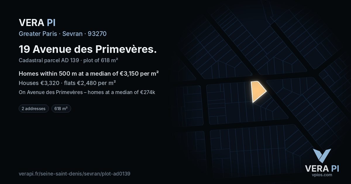 19 Avenue des Primevères, Sevran at night – the plot lit, the parcels around coloured by the prices near them