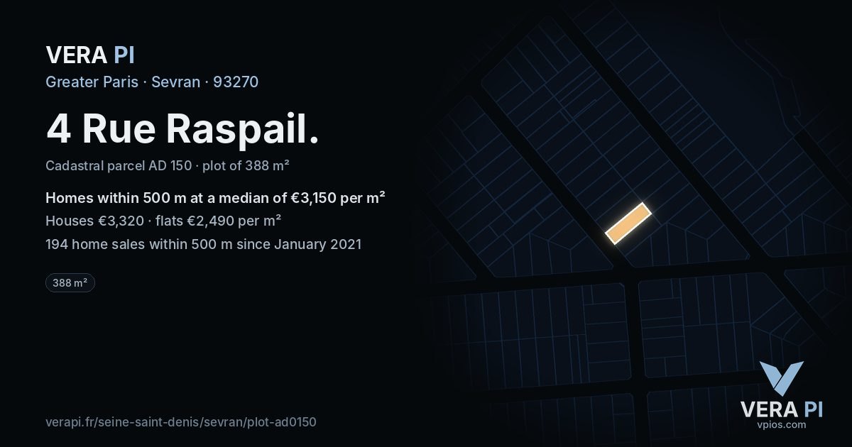 4 Rue Raspail, Sevran at night – the plot lit, the parcels around coloured by the prices near them