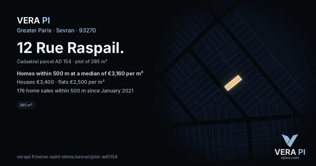 12 Rue Raspail, Sevran at night – the plot lit, the parcels around coloured by the prices near them
