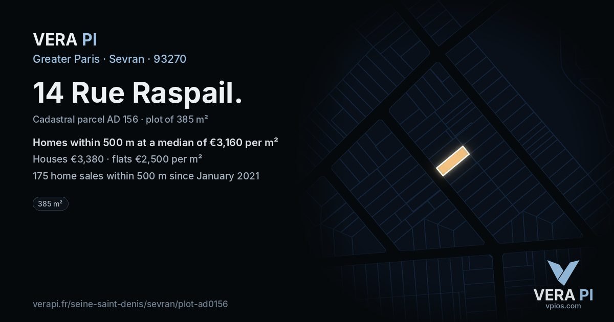 14 Rue Raspail, Sevran at night – the plot lit, the parcels around coloured by the prices near them