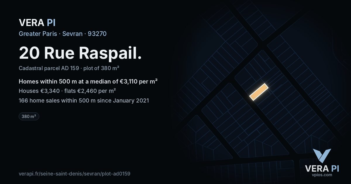 20 Rue Raspail, Sevran at night – the plot lit, the parcels around coloured by the prices near them