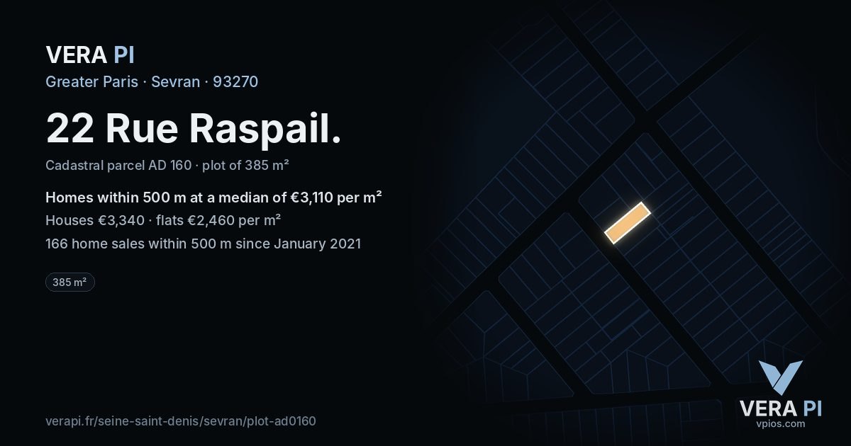 22 Rue Raspail, Sevran at night – the plot lit, the parcels around coloured by the prices near them