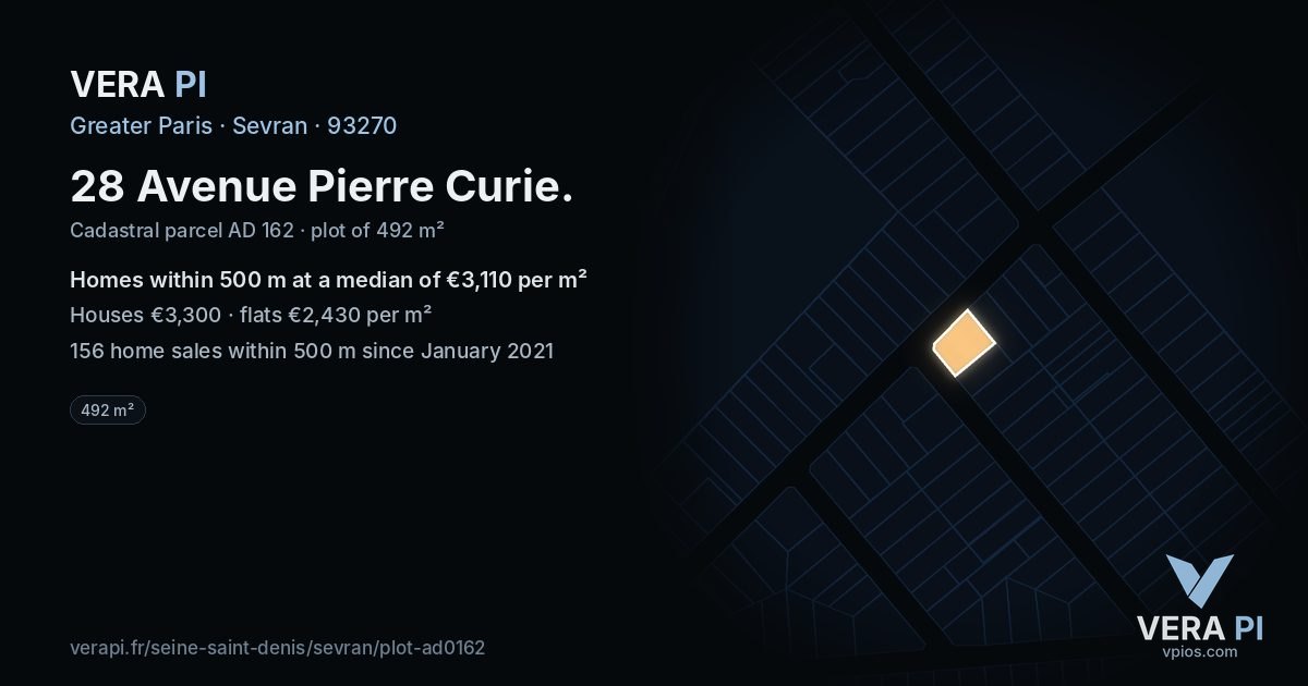 28 Avenue Pierre Curie, Sevran at night – the plot lit, the parcels around coloured by the prices near them