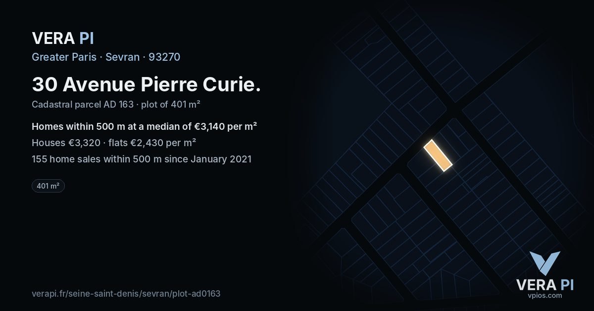 30 Avenue Pierre Curie, Sevran at night – the plot lit, the parcels around coloured by the prices near them