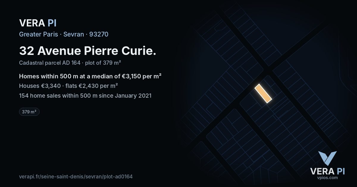 32 Avenue Pierre Curie, Sevran at night – the plot lit, the parcels around coloured by the prices near them