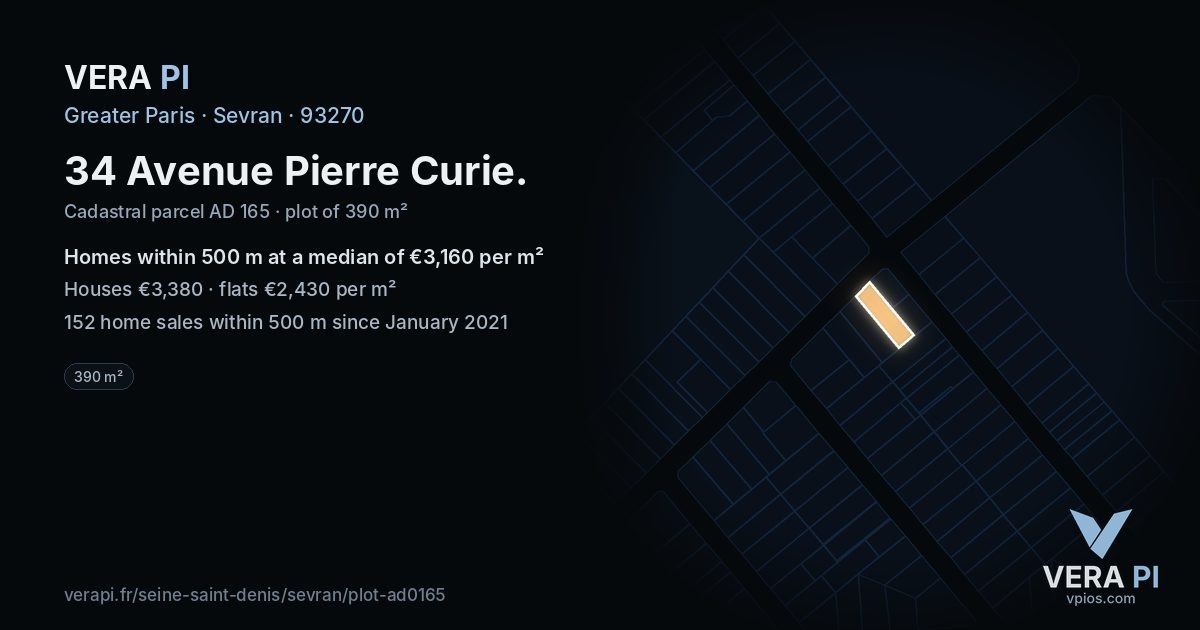 34 Avenue Pierre Curie, Sevran at night – the plot lit, the parcels around coloured by the prices near them
