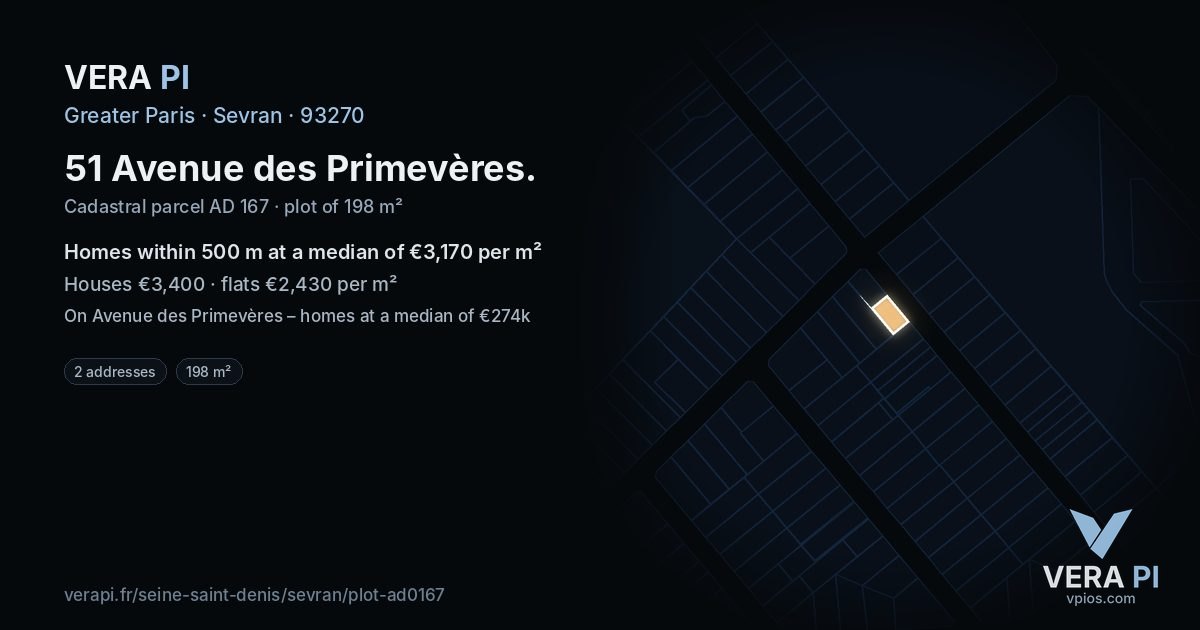 51 Avenue des Primevères, Sevran at night – the plot lit, the parcels around coloured by the prices near them