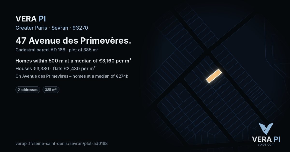 47 Avenue des Primevères, Sevran at night – the plot lit, the parcels around coloured by the prices near them