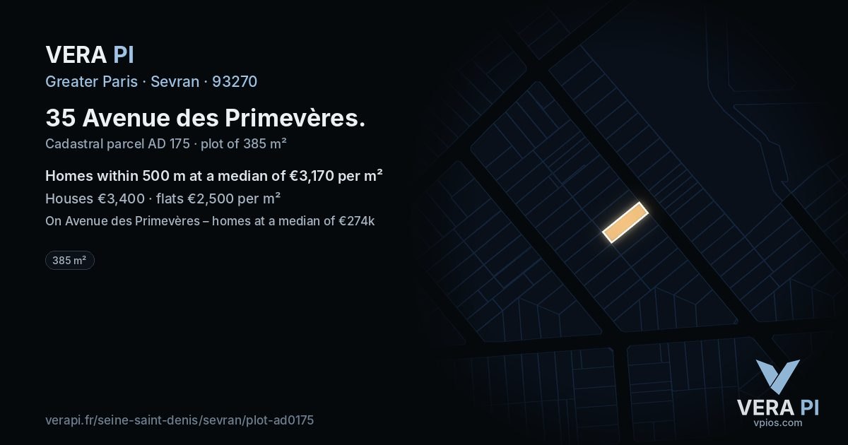 35 Avenue des Primevères, Sevran at night – the plot lit, the parcels around coloured by the prices near them