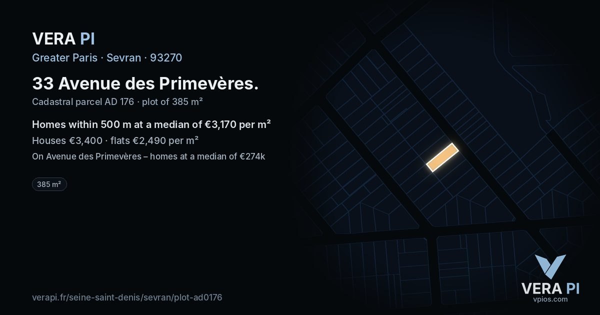 33 Avenue des Primevères, Sevran at night – the plot lit, the parcels around coloured by the prices near them