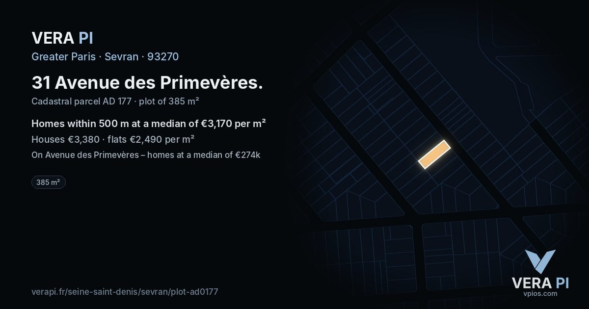 31 Avenue des Primevères, Sevran at night – the plot lit, the parcels around coloured by the prices near them
