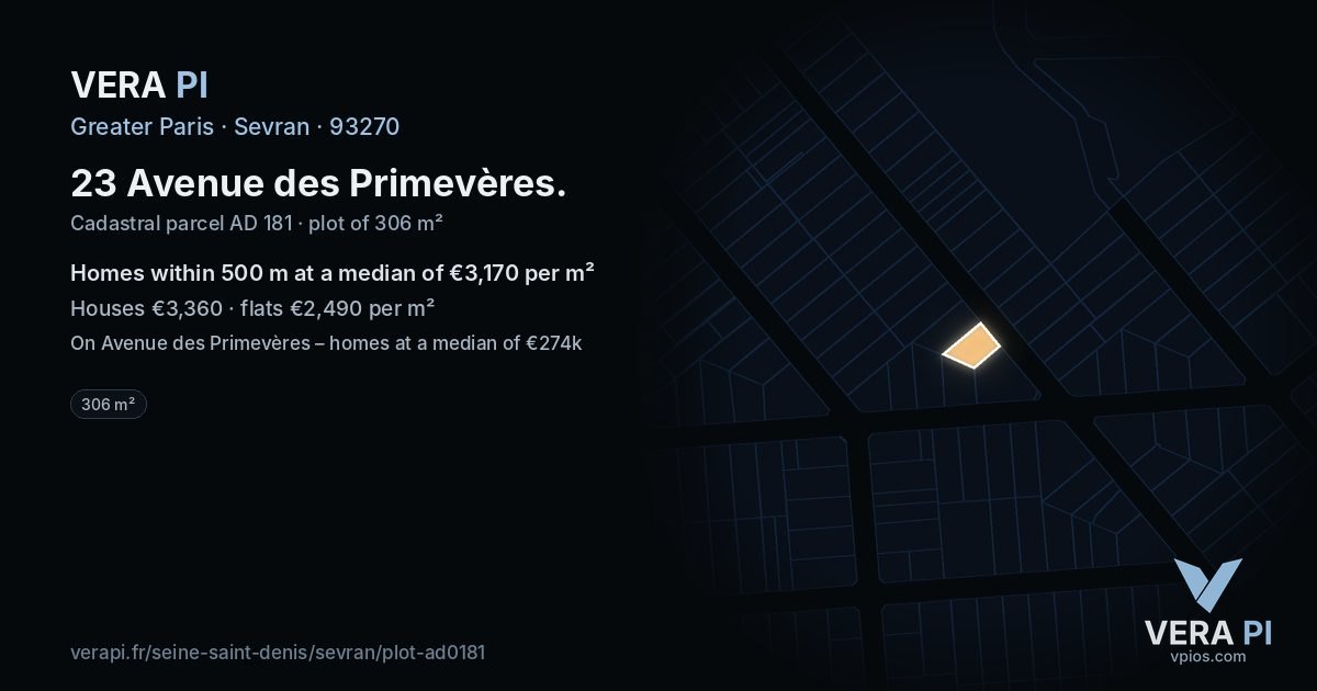 23 Avenue des Primevères, Sevran at night – the plot lit, the parcels around coloured by the prices near them