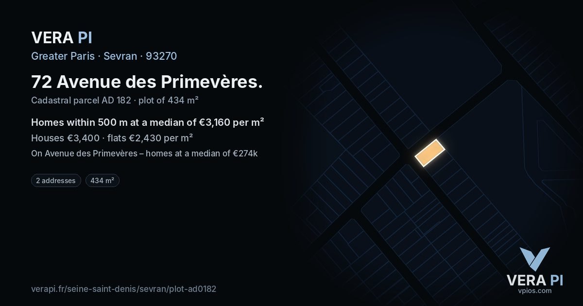 72 Avenue des Primevères, Sevran at night – the plot lit, the parcels around coloured by the prices near them