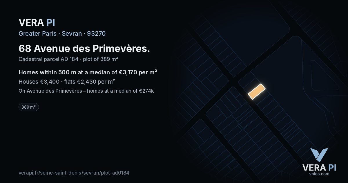 68 Avenue des Primevères, Sevran at night – the plot lit, the parcels around coloured by the prices near them