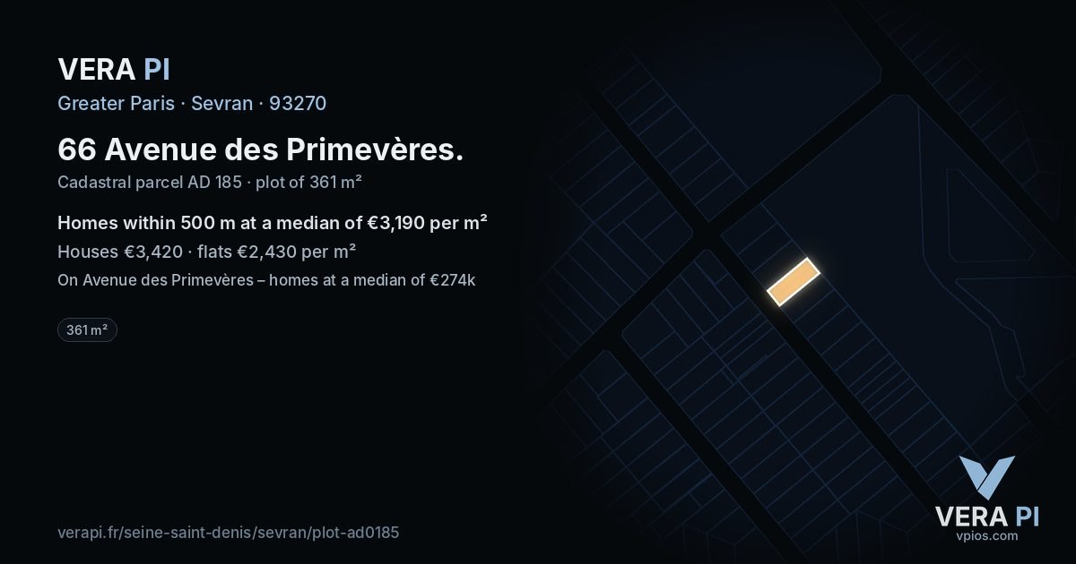66 Avenue des Primevères, Sevran at night – the plot lit, the parcels around coloured by the prices near them