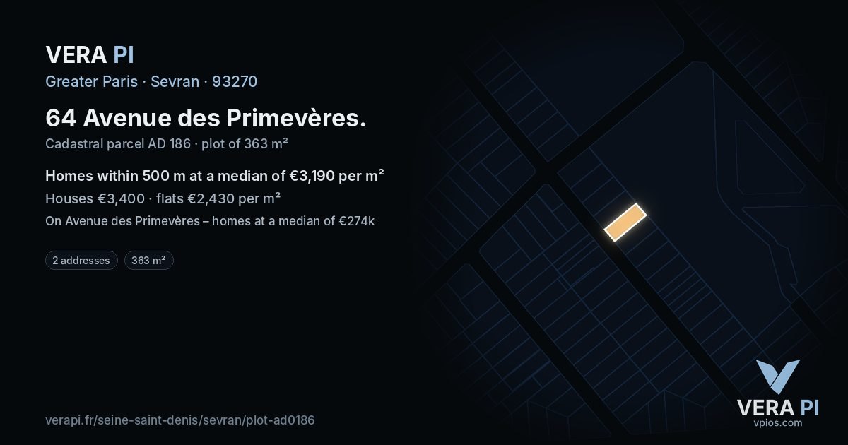 64 Avenue des Primevères, Sevran at night – the plot lit, the parcels around coloured by the prices near them