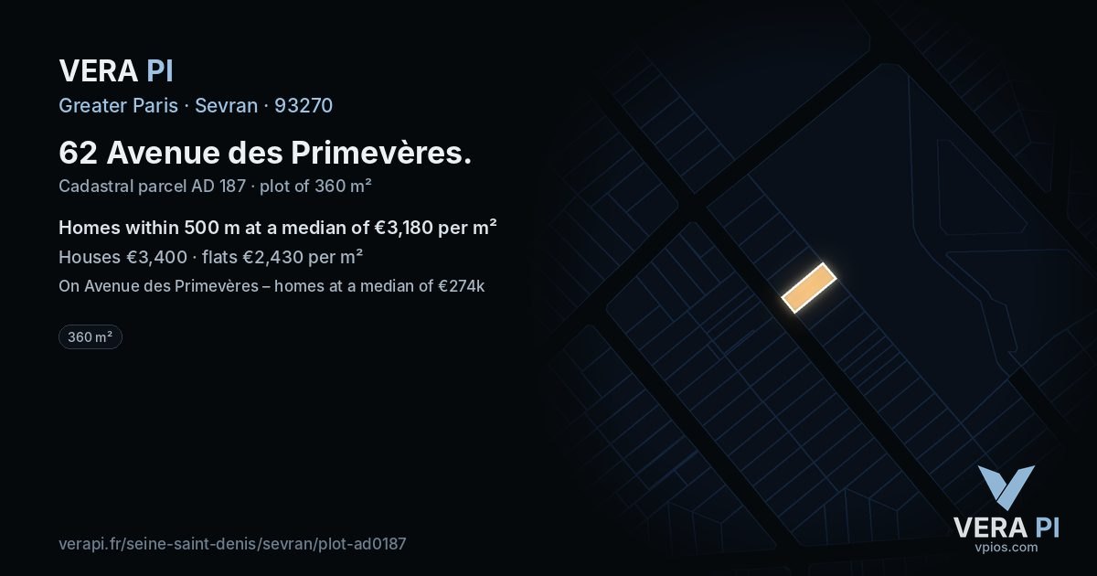 62 Avenue des Primevères, Sevran at night – the plot lit, the parcels around coloured by the prices near them