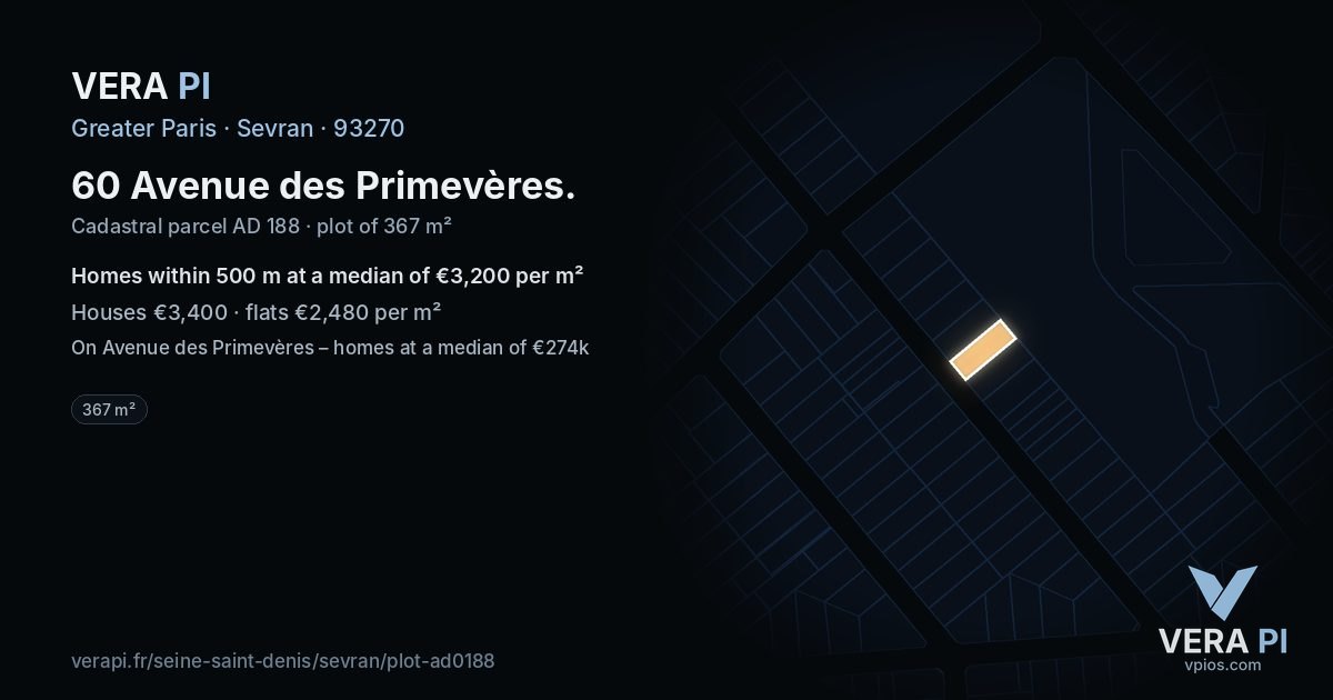 60 Avenue des Primevères, Sevran at night – the plot lit, the parcels around coloured by the prices near them