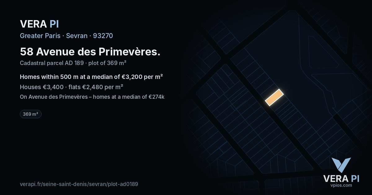 58 Avenue des Primevères, Sevran at night – the plot lit, the parcels around coloured by the prices near them