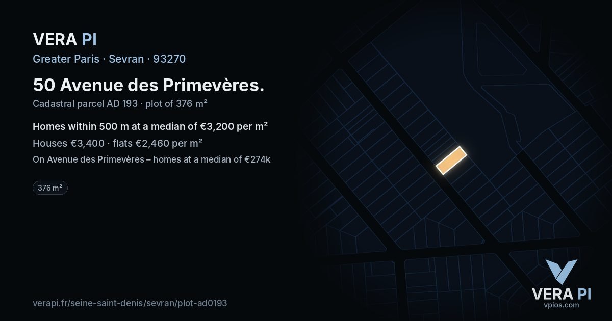 50 Avenue des Primevères, Sevran at night – the plot lit, the parcels around coloured by the prices near them
