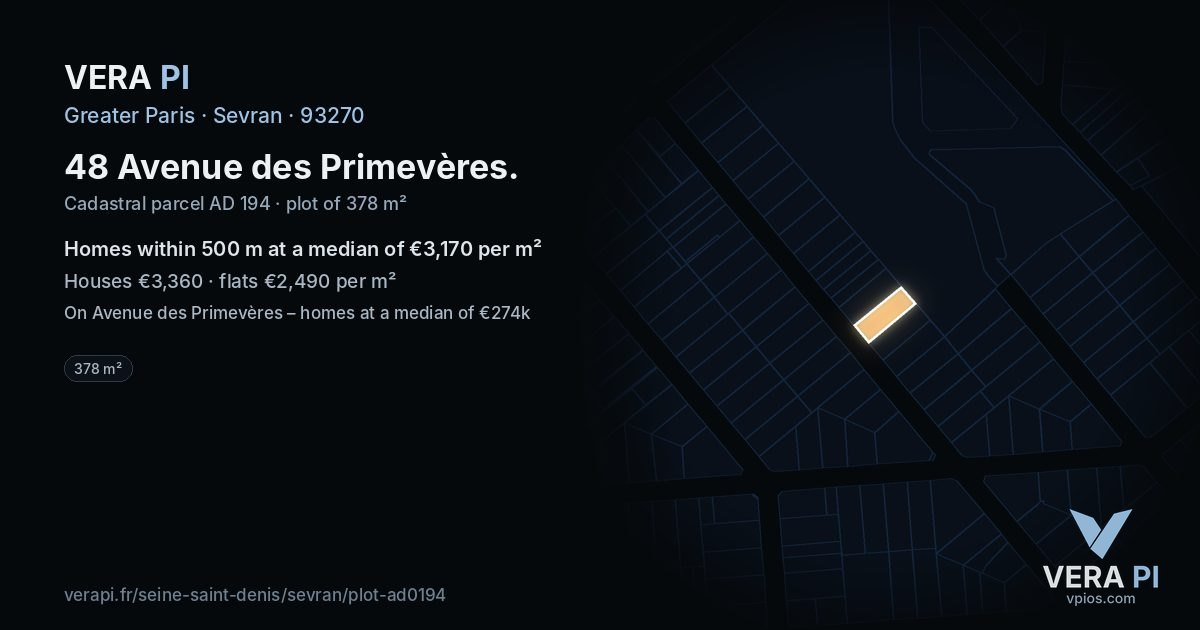 48 Avenue des Primevères, Sevran at night – the plot lit, the parcels around coloured by the prices near them