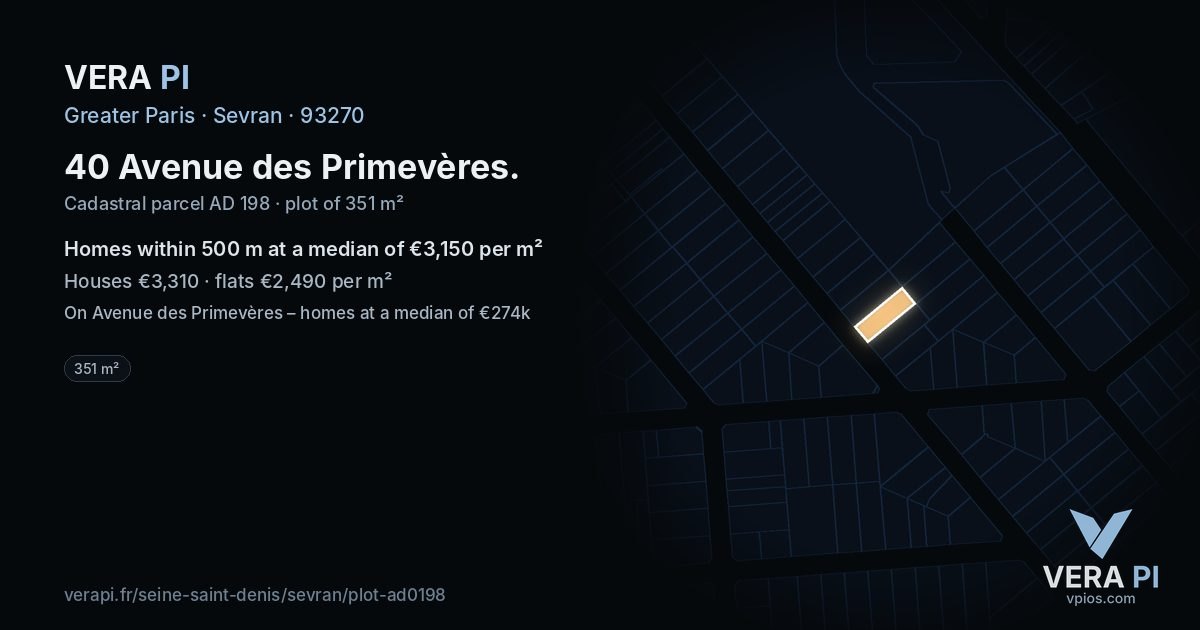 40 Avenue des Primevères, Sevran at night – the plot lit, the parcels around coloured by the prices near them