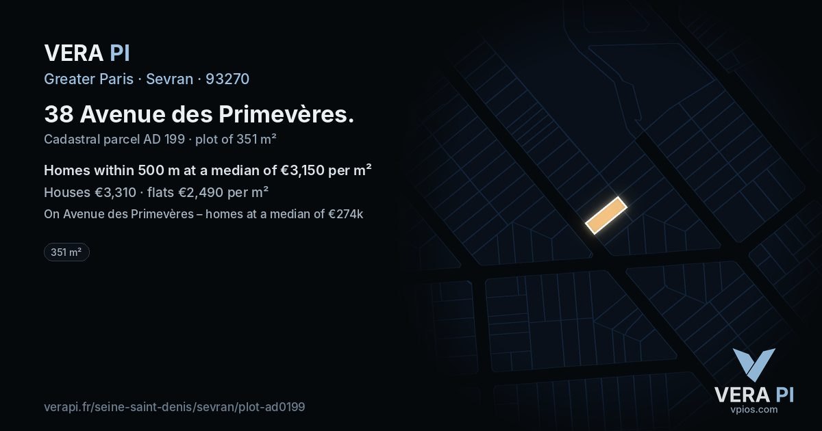 38 Avenue des Primevères, Sevran at night – the plot lit, the parcels around coloured by the prices near them
