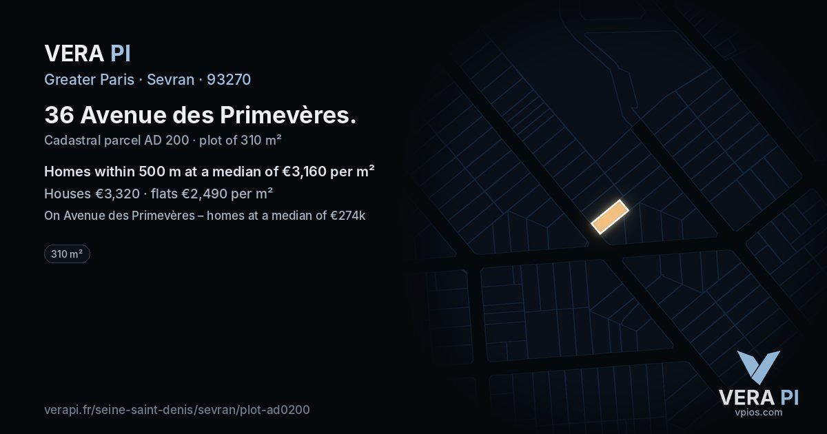 36 Avenue des Primevères, Sevran at night – the plot lit, the parcels around coloured by the prices near them