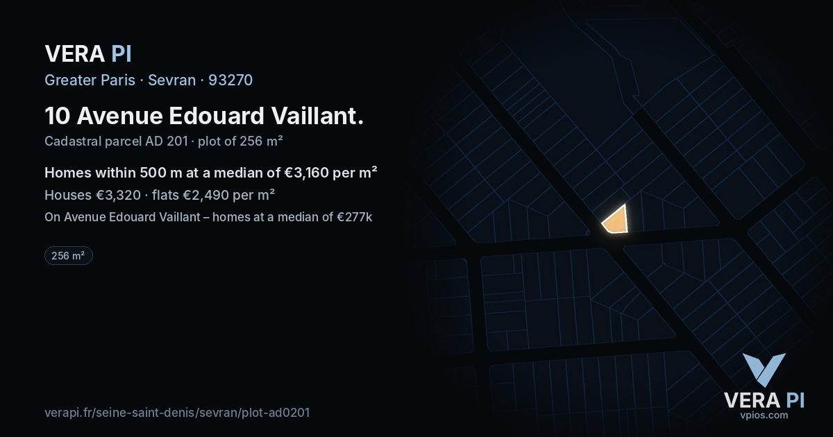 10 Avenue Edouard Vaillant, Sevran at night – the plot lit, the parcels around coloured by the prices near them