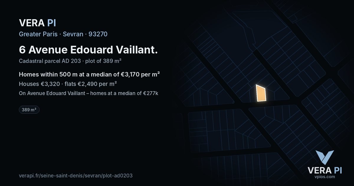 6 Avenue Edouard Vaillant, Sevran at night – the plot lit, the parcels around coloured by the prices near them