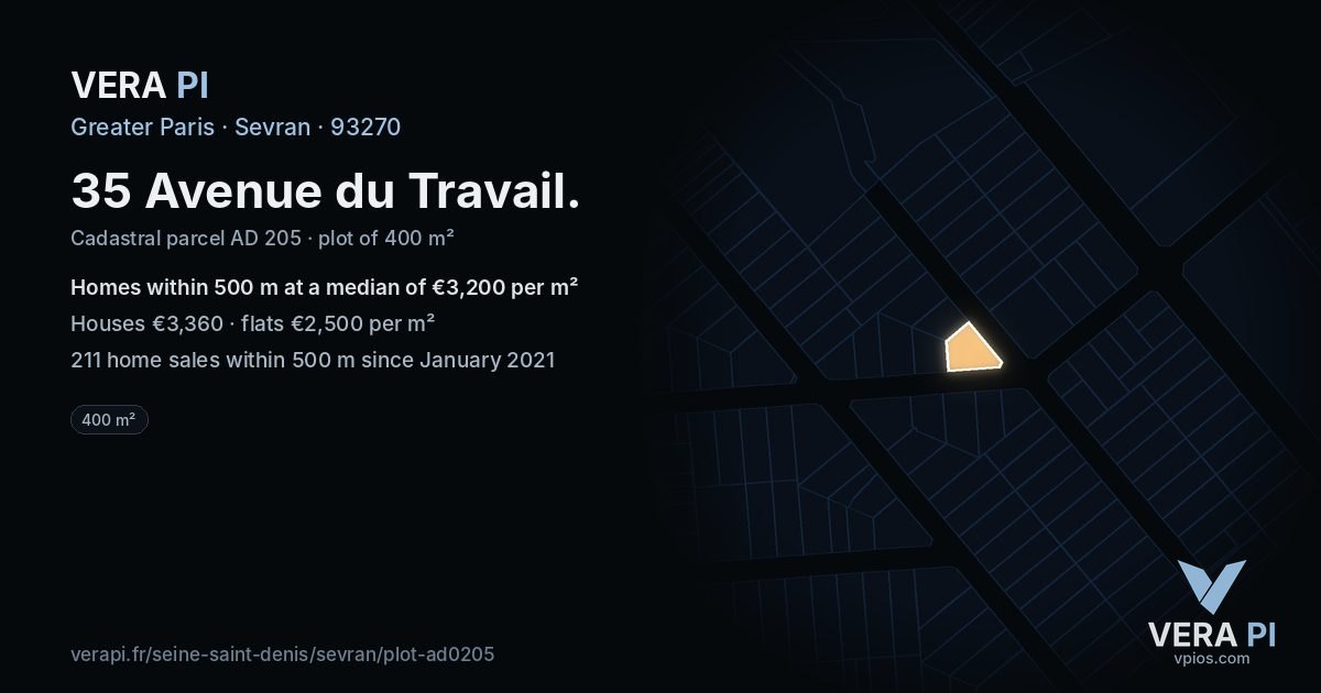 35 Avenue du Travail, Sevran at night – the plot lit, the parcels around coloured by the prices near them