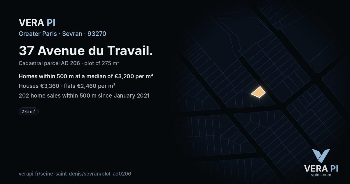 37 Avenue du Travail, Sevran at night – the plot lit, the parcels around coloured by the prices near them