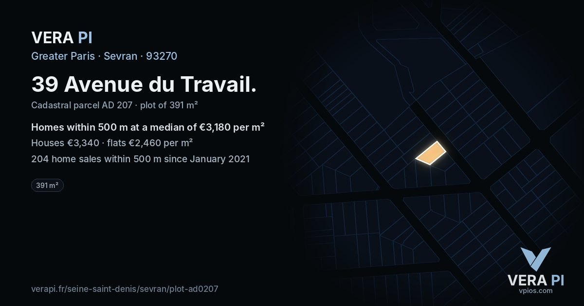 39 Avenue du Travail, Sevran at night – the plot lit, the parcels around coloured by the prices near them