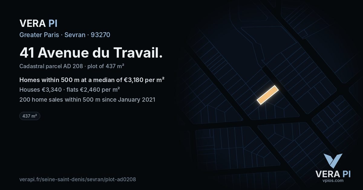 41 Avenue du Travail, Sevran at night – the plot lit, the parcels around coloured by the prices near them