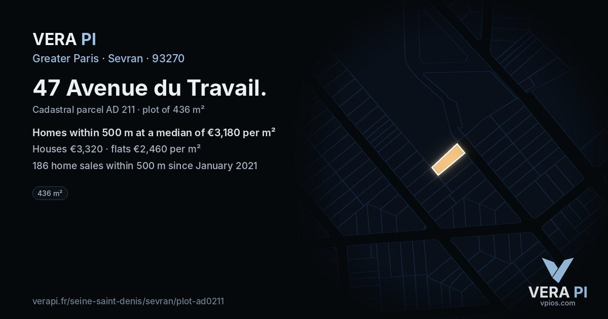 47 Avenue du Travail, Sevran at night – the plot lit, the parcels around coloured by the prices near them