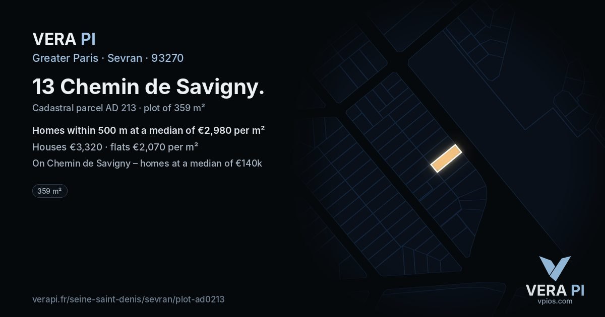 13 Chemin de Savigny, Sevran at night – the plot lit, the parcels around coloured by the prices near them