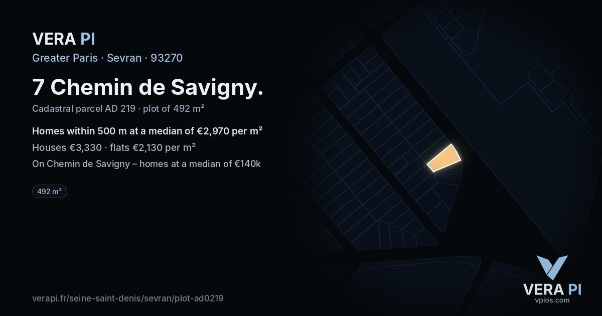 7 Chemin de Savigny, Sevran at night – the plot lit, the parcels around coloured by the prices near them