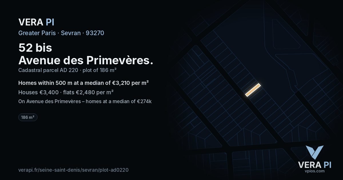52 bis Avenue des Primevères, Sevran at night – the plot lit, the parcels around coloured by the prices near them