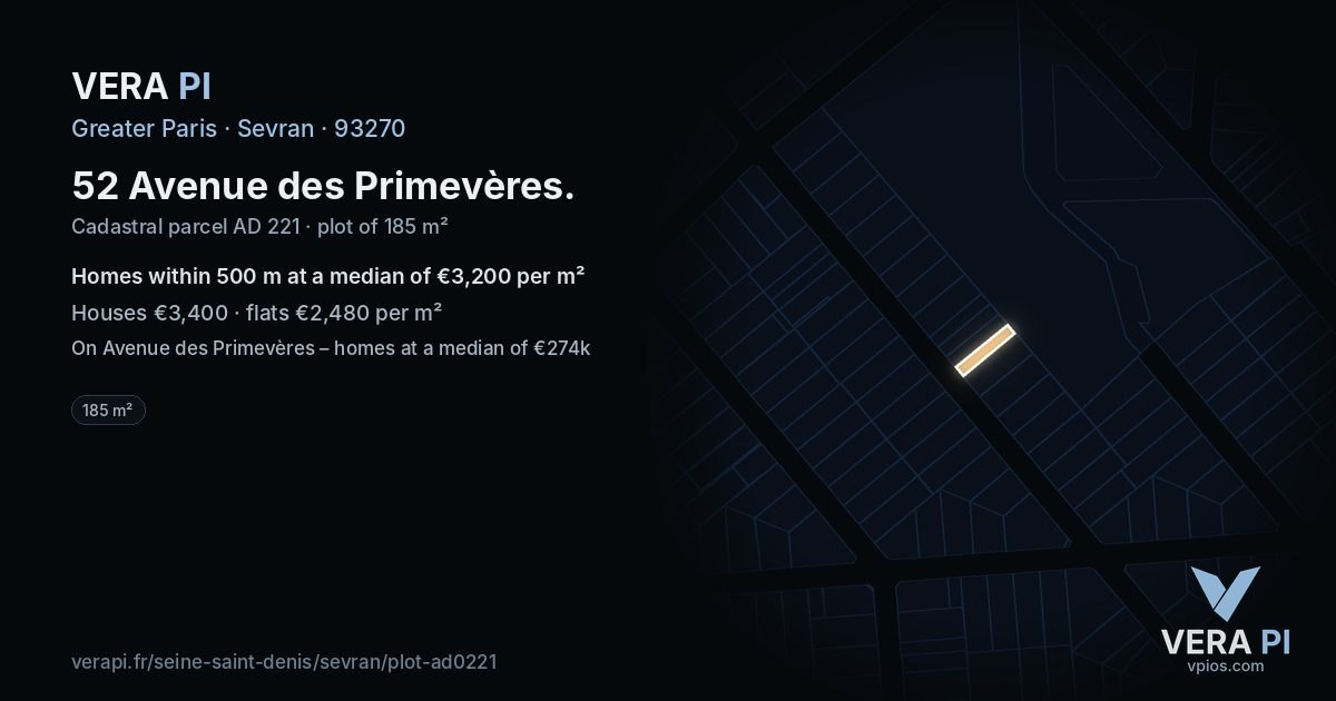 52 Avenue des Primevères, Sevran at night – the plot lit, the parcels around coloured by the prices near them