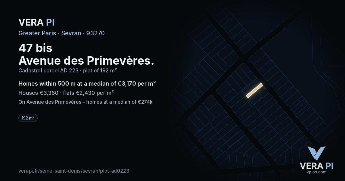 47 bis Avenue des Primevères, Sevran at night – the plot lit, the parcels around coloured by the prices near them