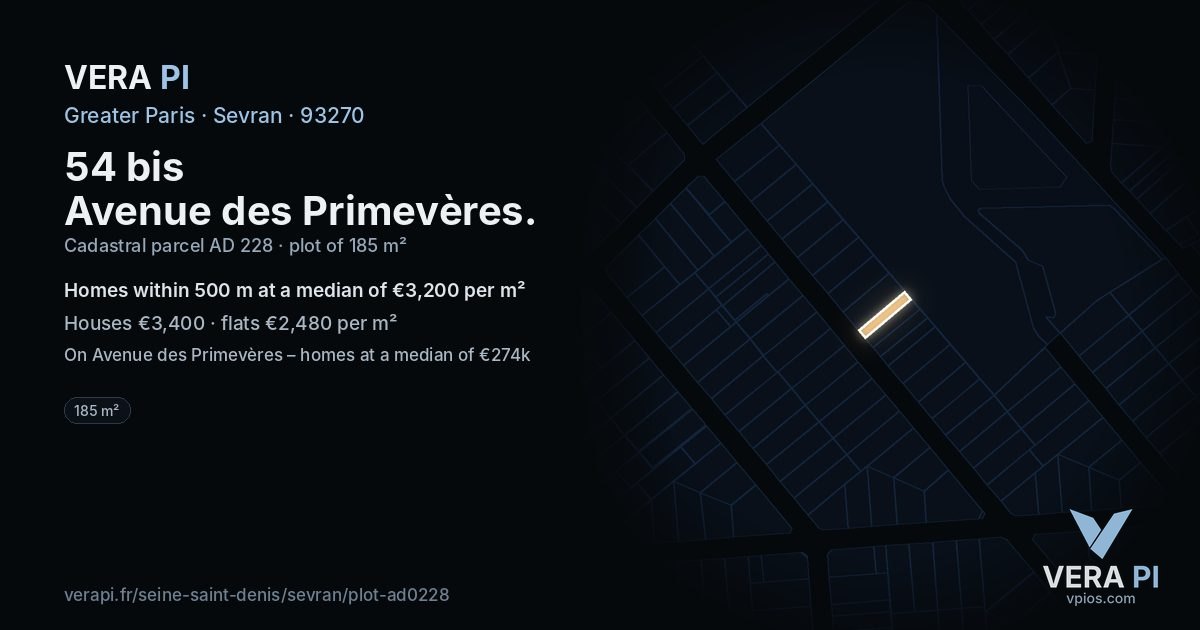 54 bis Avenue des Primevères, Sevran at night – the plot lit, the parcels around coloured by the prices near them
