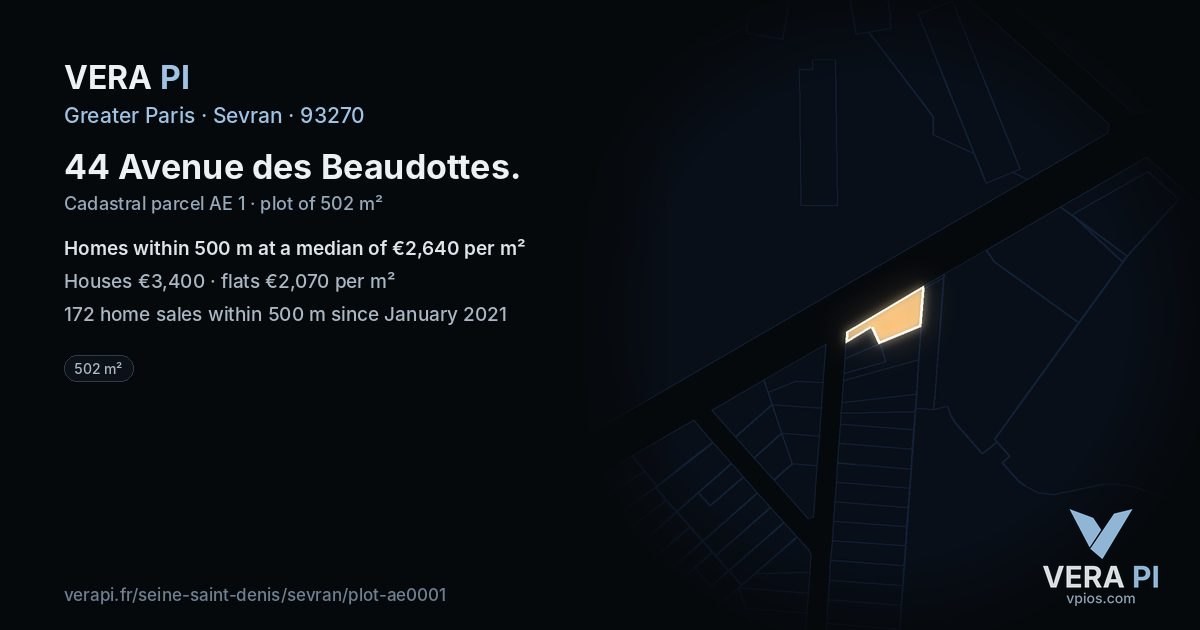 44 Avenue des Beaudottes, Sevran at night – the plot lit, the parcels around coloured by the prices near them