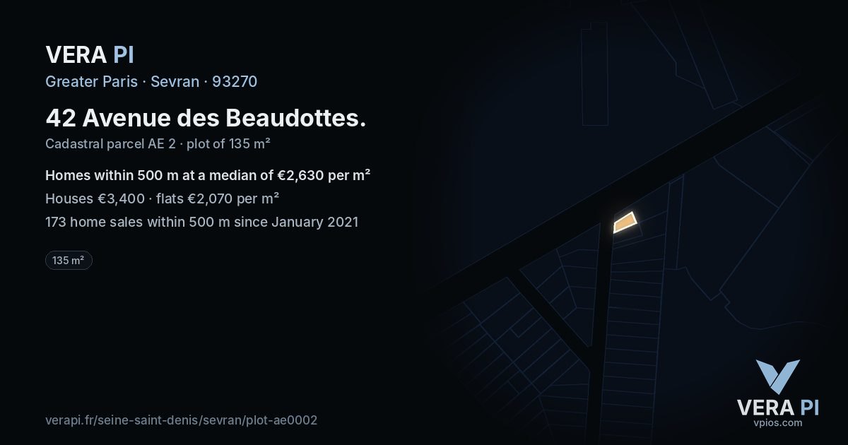 42 Avenue des Beaudottes, Sevran at night – the plot lit, the parcels around coloured by the prices near them