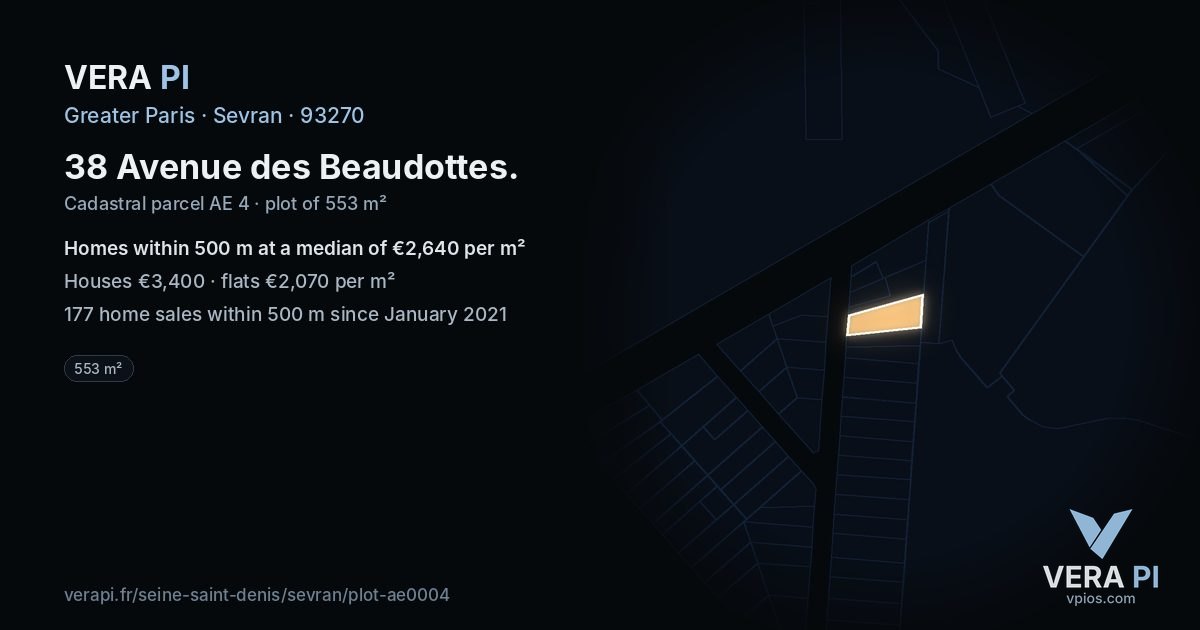 38 Avenue des Beaudottes, Sevran at night – the plot lit, the parcels around coloured by the prices near them