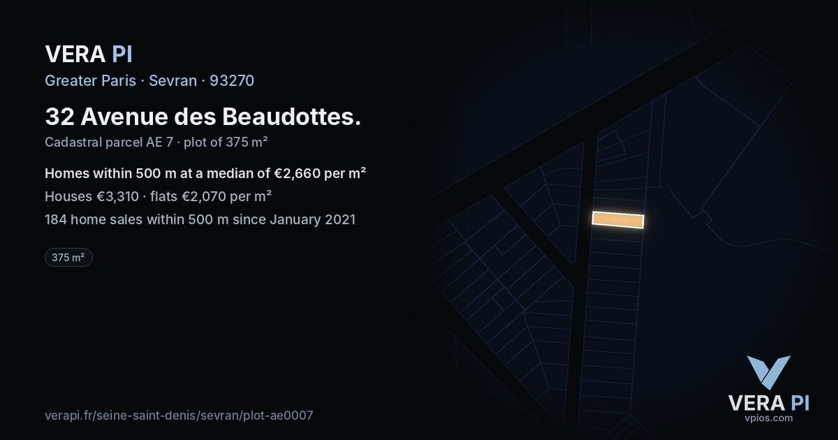 32 Avenue des Beaudottes, Sevran at night – the plot lit, the parcels around coloured by the prices near them
