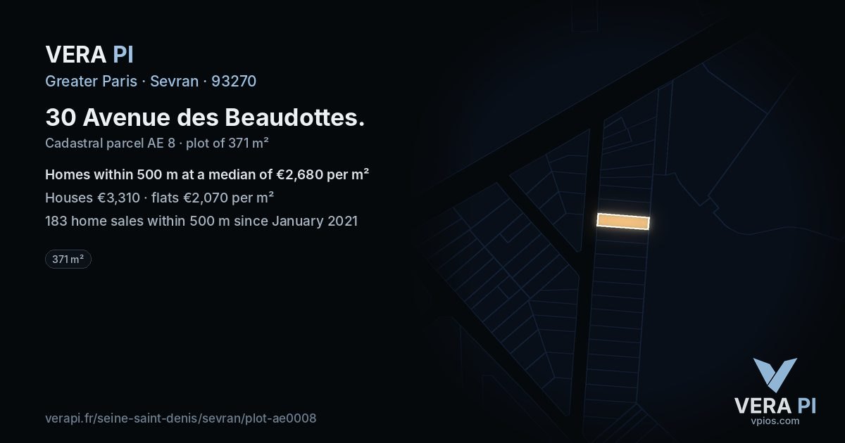 30 Avenue des Beaudottes, Sevran at night – the plot lit, the parcels around coloured by the prices near them